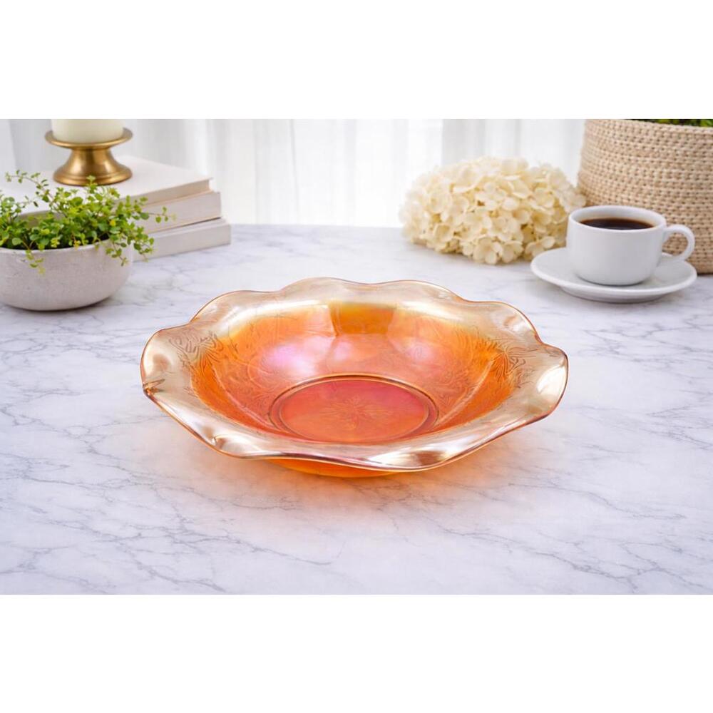 Vintage Jeanette Glass Company Marigold/Floragold Carnival Glass Ruffled Bowl